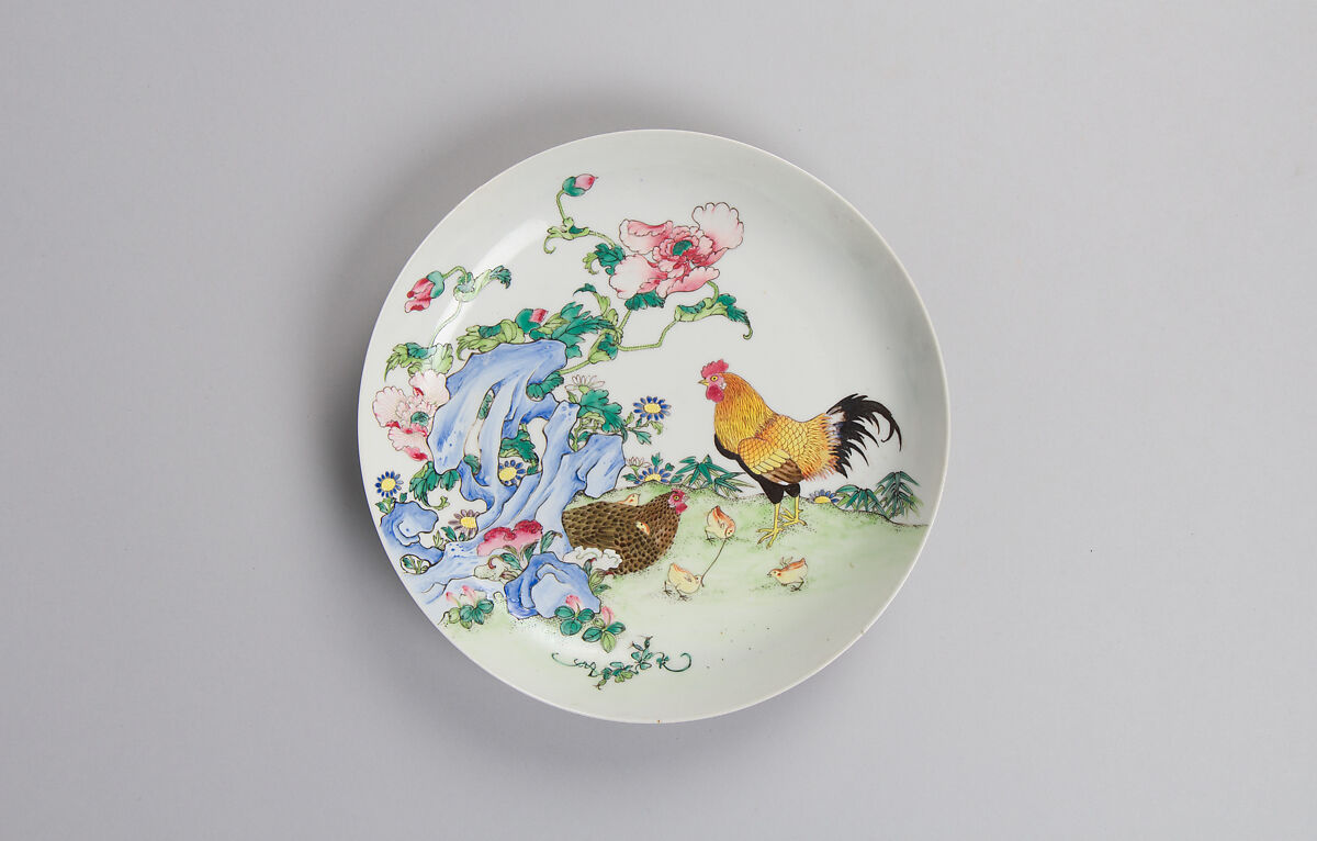 Dish with Rooster, Hen, and Chickens, Porcelain painted with colored enamel over transparent glaze (Jingdezhen ware), China 