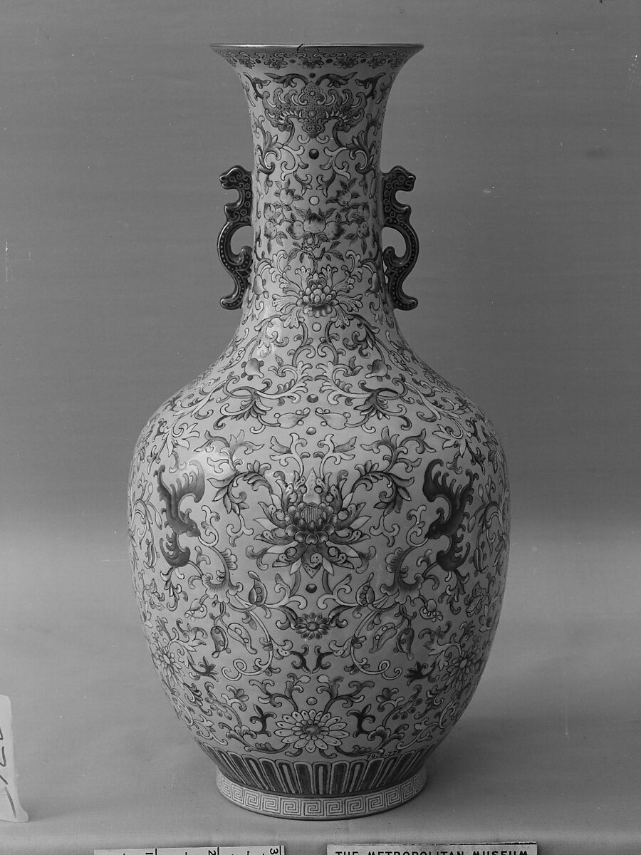 Vase decorated with bats and peaches amid scrolling floral vines and “double happiness” character, Porcelain painted in overglaze polychrome enamels (Jingdezhen ware), China