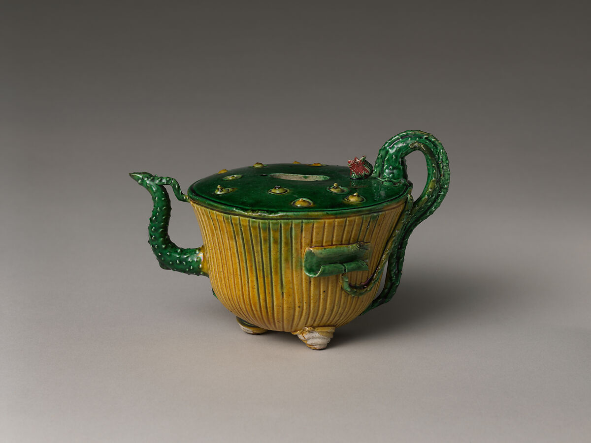 Teapot in Shape of a Lotus Plant, Porcelain with raised and applied decoration under colored glazes (Jingdezhen ware), China 