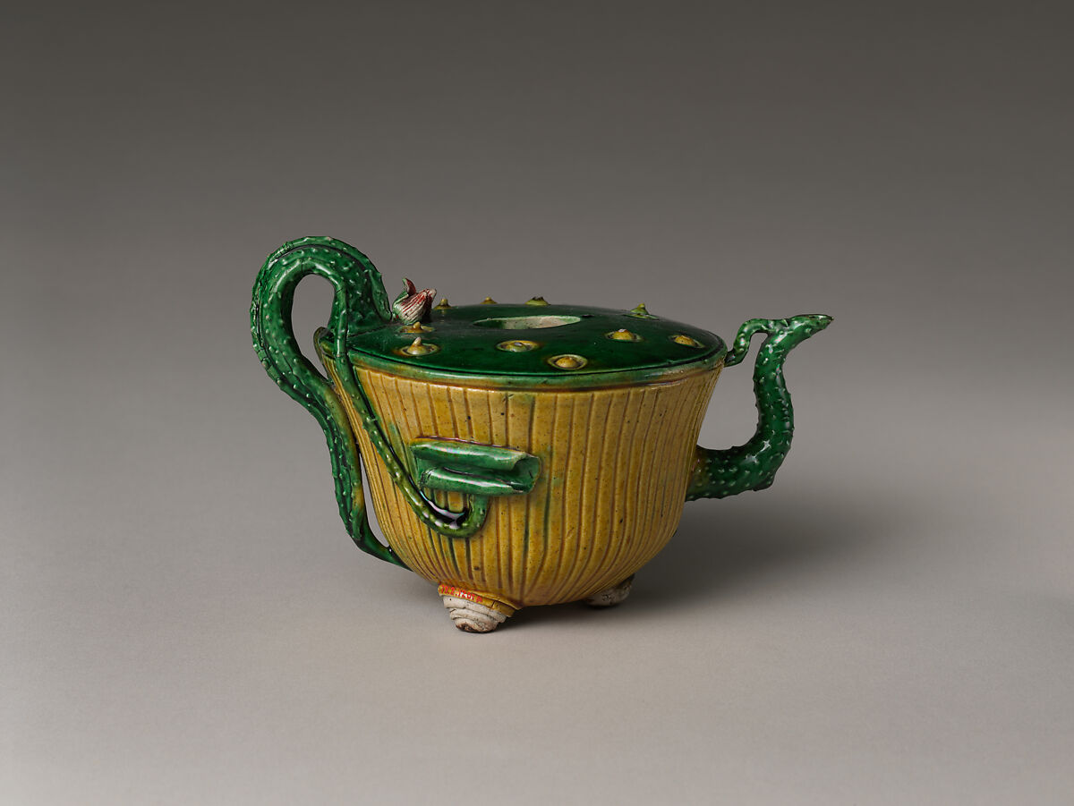 Teapot in Shape of a Lotus Plant, Porcelain with raised and applied decoration under colored glazes (Jingdezhen ware), China