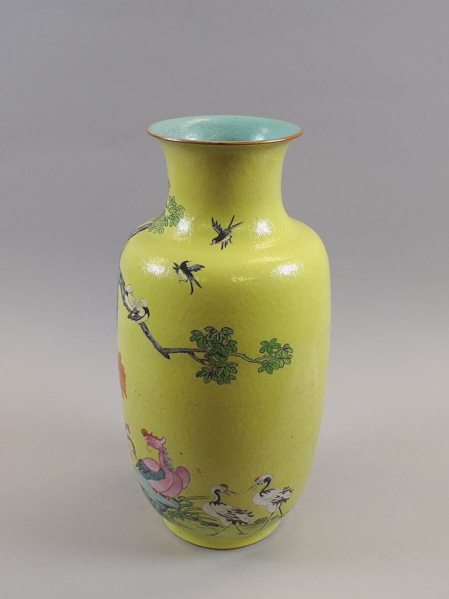 Vase, Porcelain painted in overglaze polychrome enamels, and yellow glaze, with incised decoration, China