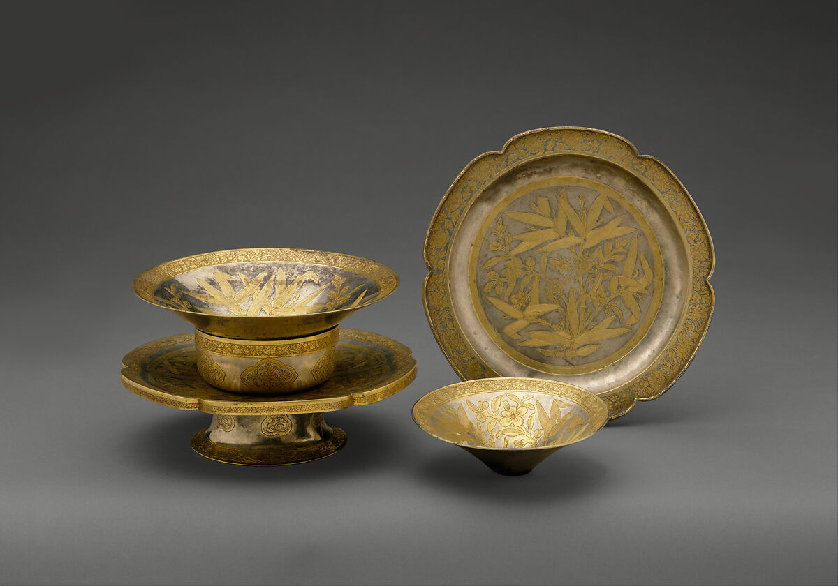 Service with Decoration of Flowers and Birds, Silver with gilding, China 