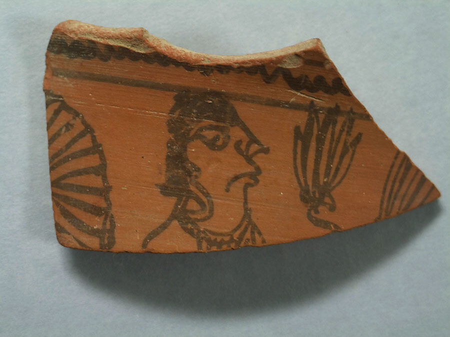 Shard:  Head of Offerer with Plant, Painted terracotta, Pakistan 