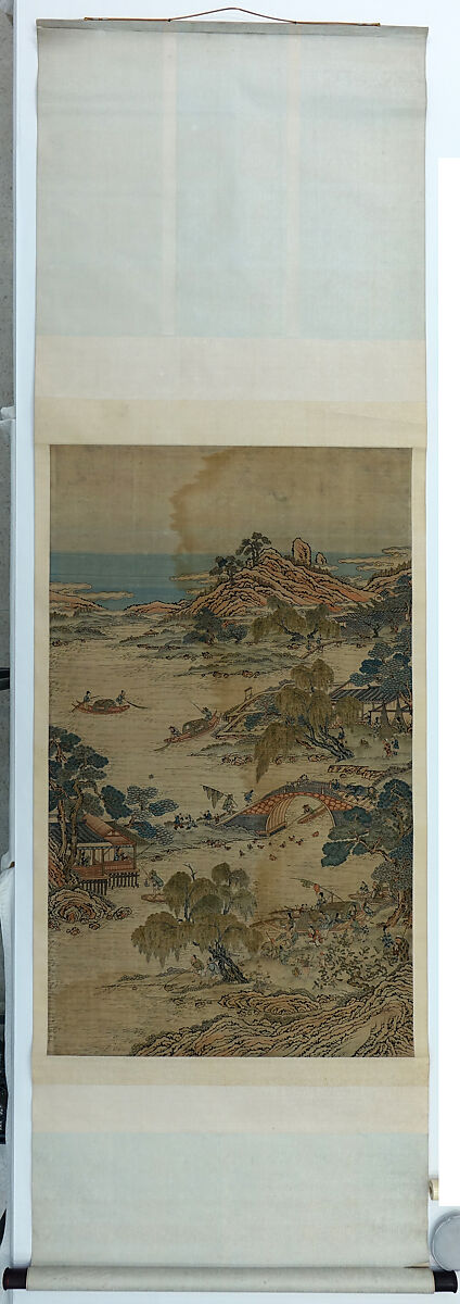Fishermen, women, and children in a landscape, Silk tapestry (kesi) with hand painted pigment, China