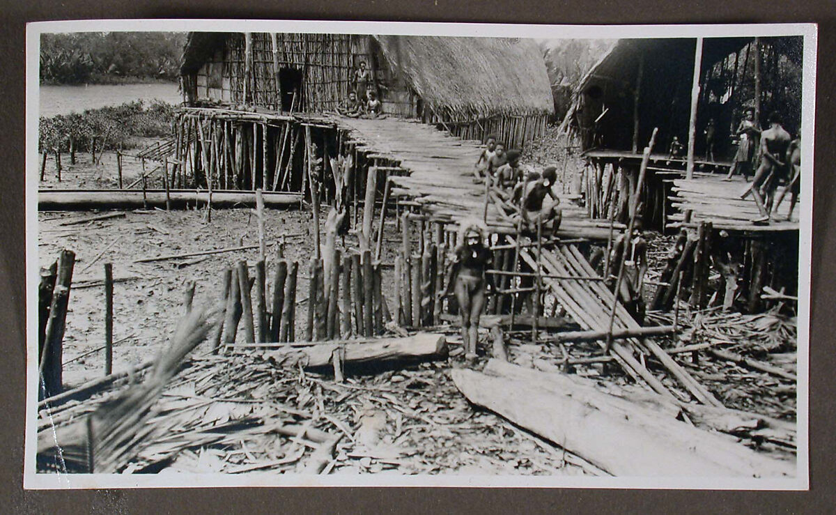 Men on Plank Walkway, Dr. Paul Baron de Rautenfeld (Swiss, 1865–1957), Gelatin silver print, Papua, New Guinea, made in Europe 