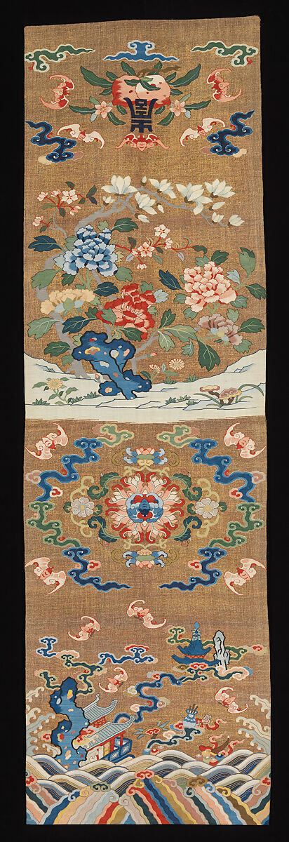 One of a Pair of Chair Strips with Auspicious Patterns, Tapestry-woven (kesi) silk and metallic thread, China 