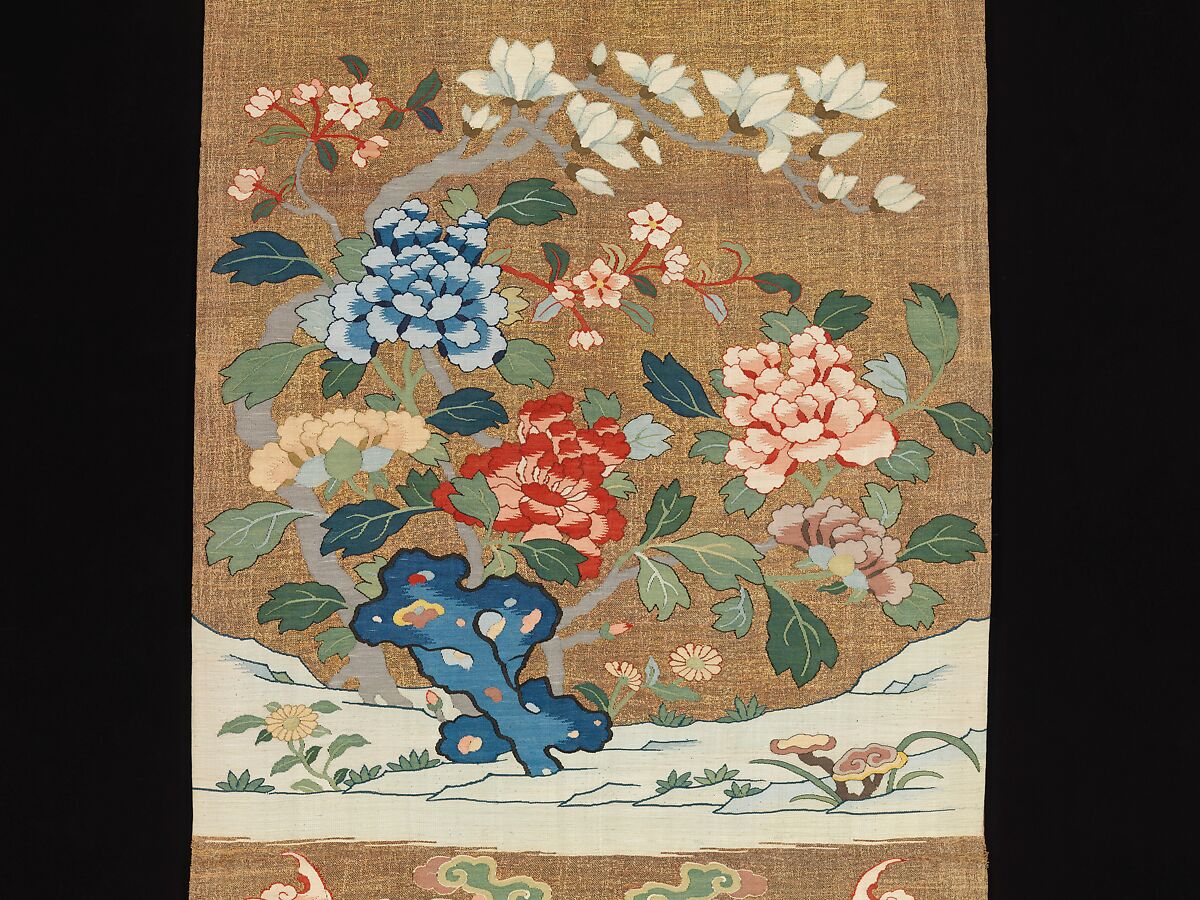 One of a Pair of Chair Strips with Auspicious Patterns, Silk and metal thread tapestry (kesi), China