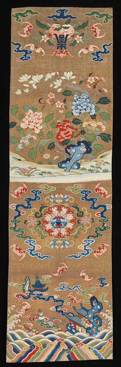 One of a Pair of Chair Strips with Auspicious Patterns, Tapestry-woven silk (kesi) and metallic thread, China 