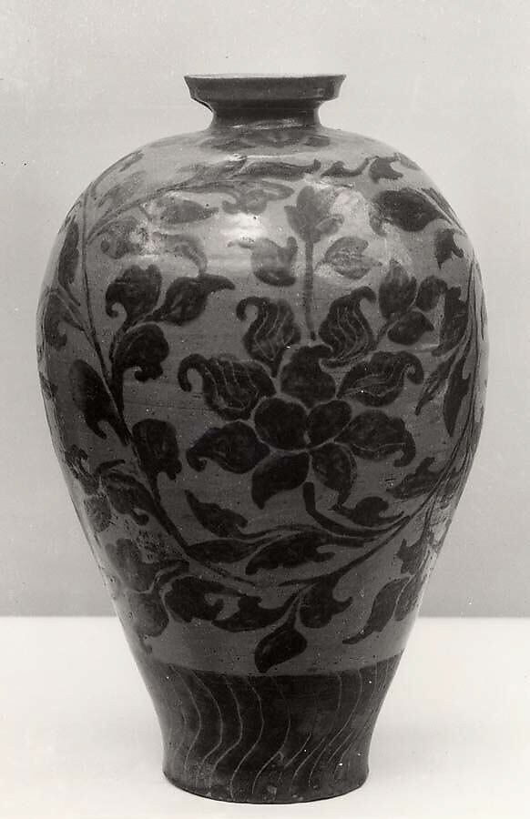 Maebyeong, Stoneware with underglaze iron-brown decoration of peonies and floral scrolls under celadon glaze, Korea 
