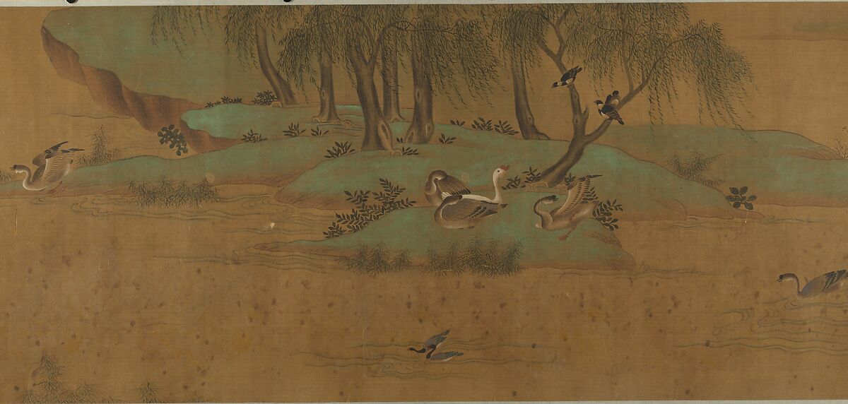 River Scene with Birds and Bamboo, Unidentified artist  , 17th century or later, Handscroll; ink and mineral color on silk, China
