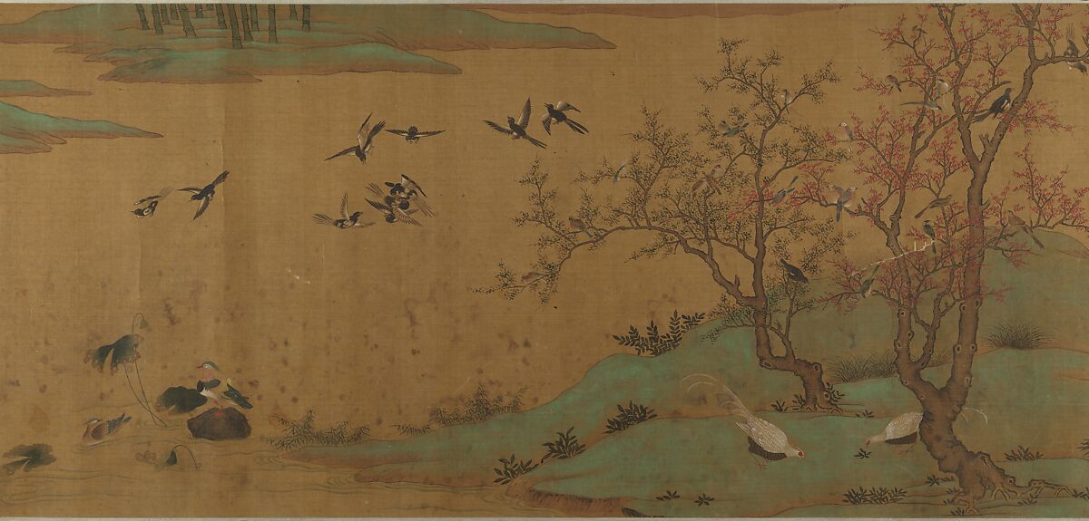 River Scene with Birds and Bamboo, Unidentified artist  , 17th century or later, Handscroll; ink and mineral color on silk, China