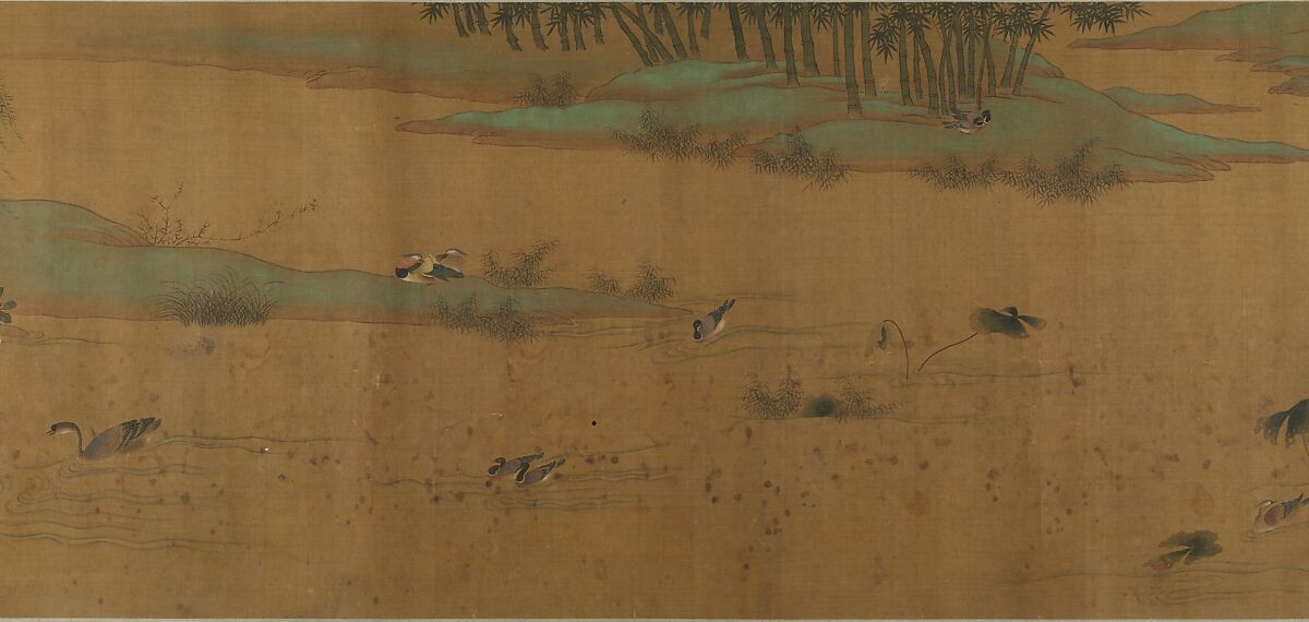 River Scene with Birds and Bamboo, Unidentified artist  , 17th century or later, Handscroll; ink and mineral color on silk, China