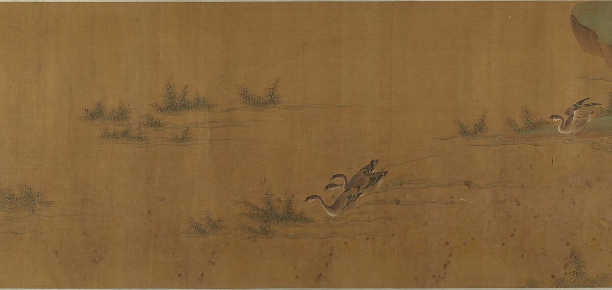 River Scene with Birds and Bamboo, Unidentified artist  , 17th century or later, Handscroll; ink and mineral color on silk, China