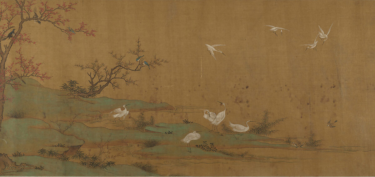 River Scene with Birds and Bamboo, Unidentified artist  , 17th century or later, Handscroll; ink and mineral color on silk, China 