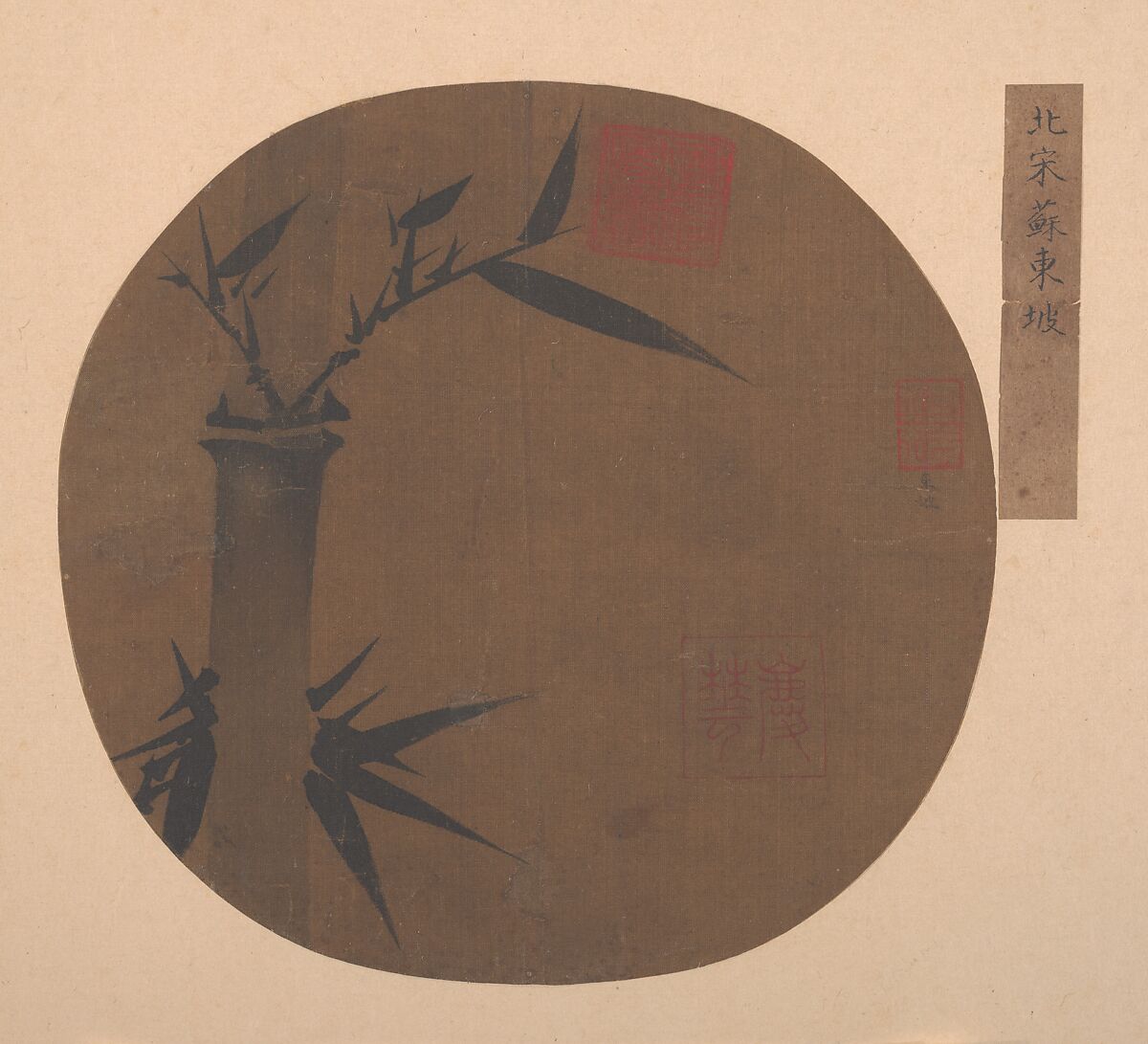 Bamboo, Unidentified artist, Fan mounted as an album leaf; ink on silk, China 