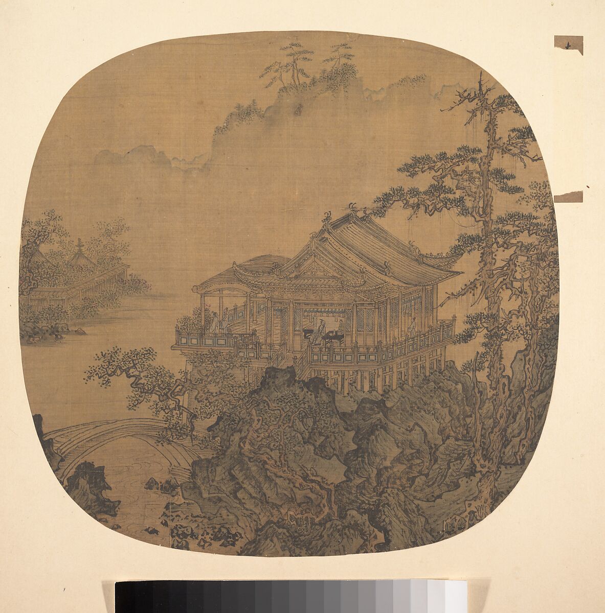 Pavilion on a pond, Unidentified artist  , 16th or 17th century, Fan mounted as an album leaf; ink and color on silk, China 