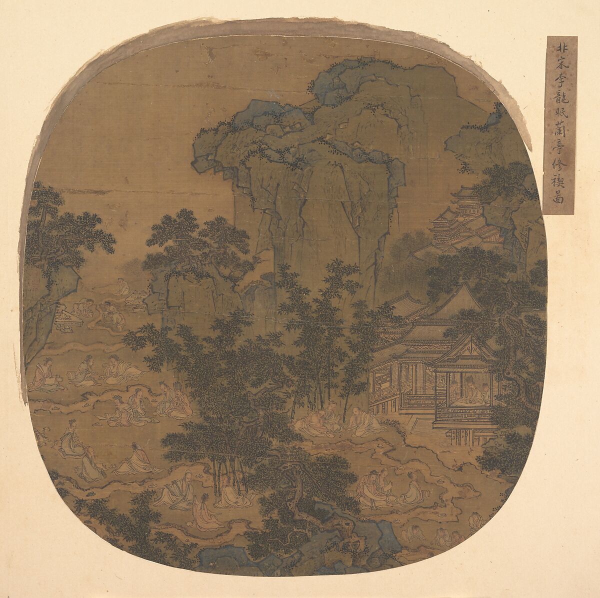 Gathering at the Orchid Pavilion, Unidentified artist , 16th century, Fan mounted as an album leaf; ink and color on silk, China