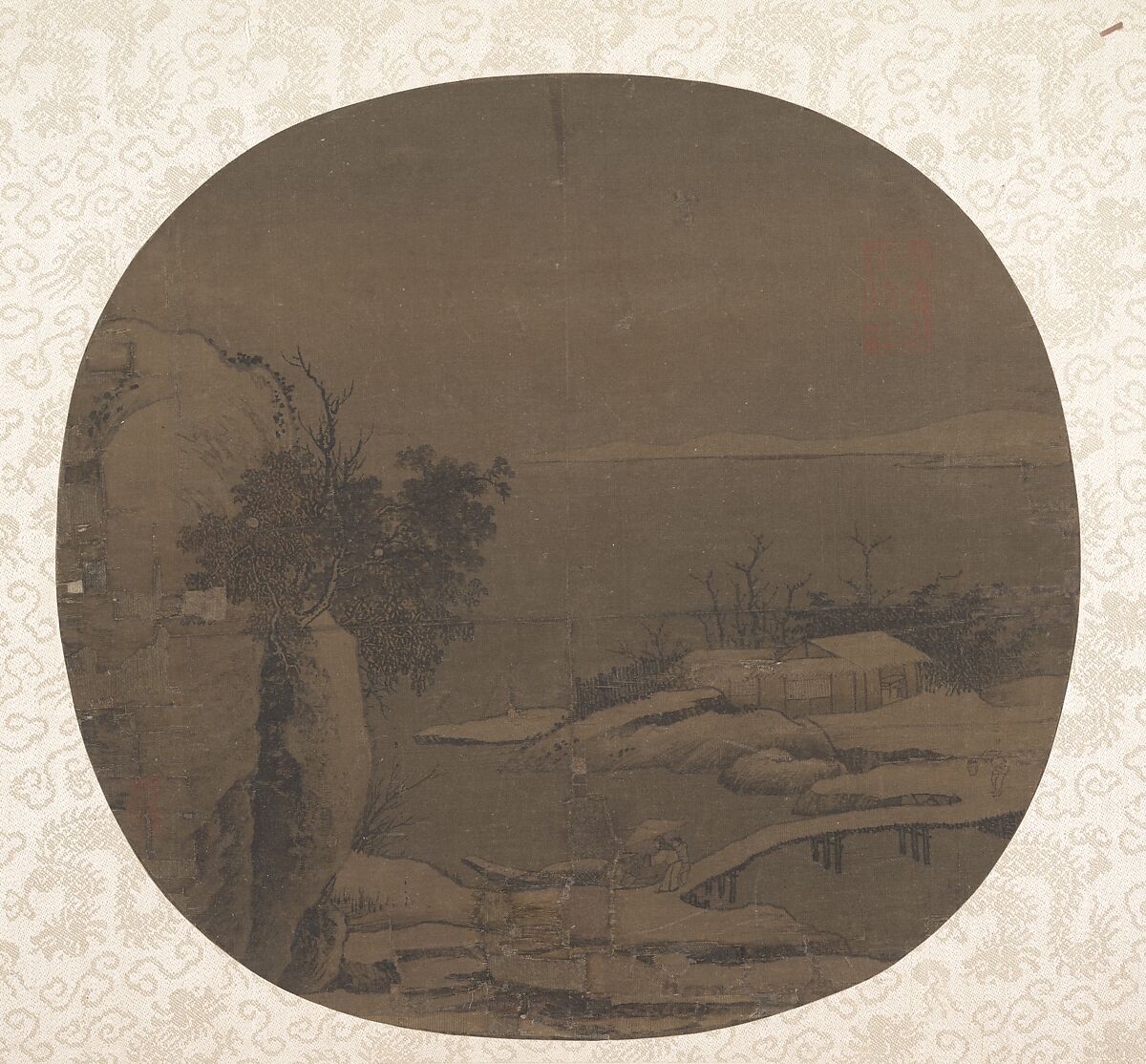 Bridge in Snow, Unidentified artist, Fan mounted as an album leaf; ink and color on silk, China 