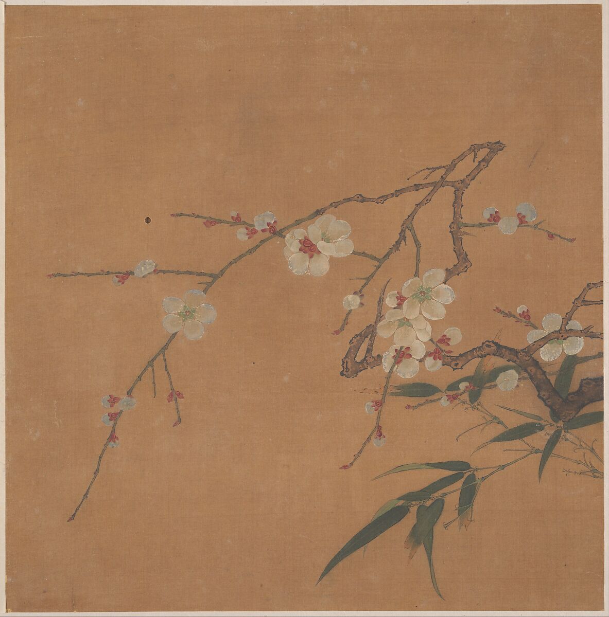 Flowering Plum and Bamboo, Unidentified artist, Album leaf; ink and color on silk, China 