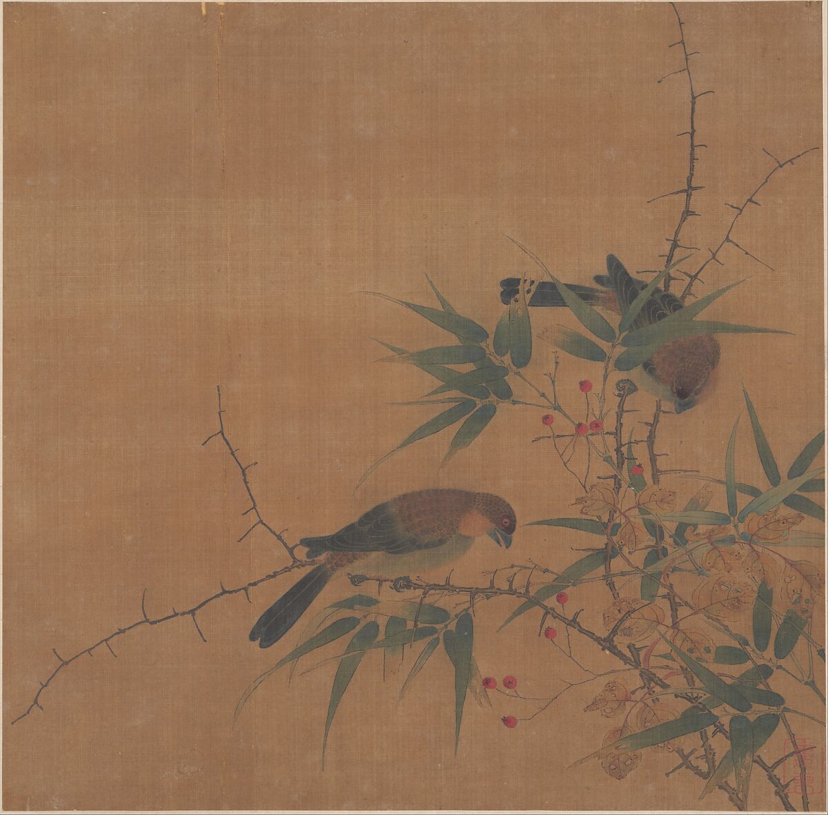 Bamboo Branch with Berries and Birds, Unidentified artist, Album leaf; ink and color on silk, China 