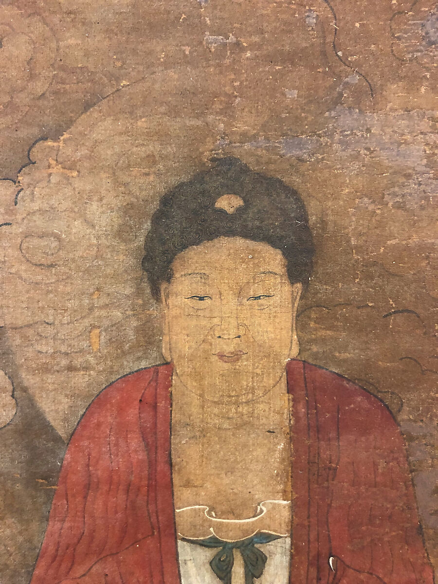 Shakyamuni with luohan, heavenly king, and boys, Unidentified artist, Hanging scroll; ink and color on silk, China