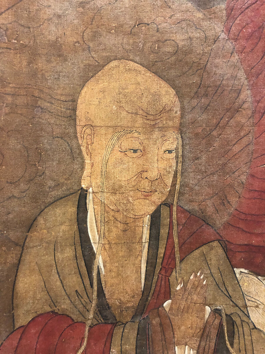 Shakyamuni with luohan, heavenly king, and boys, Unidentified artist, Hanging scroll; ink and color on silk, China