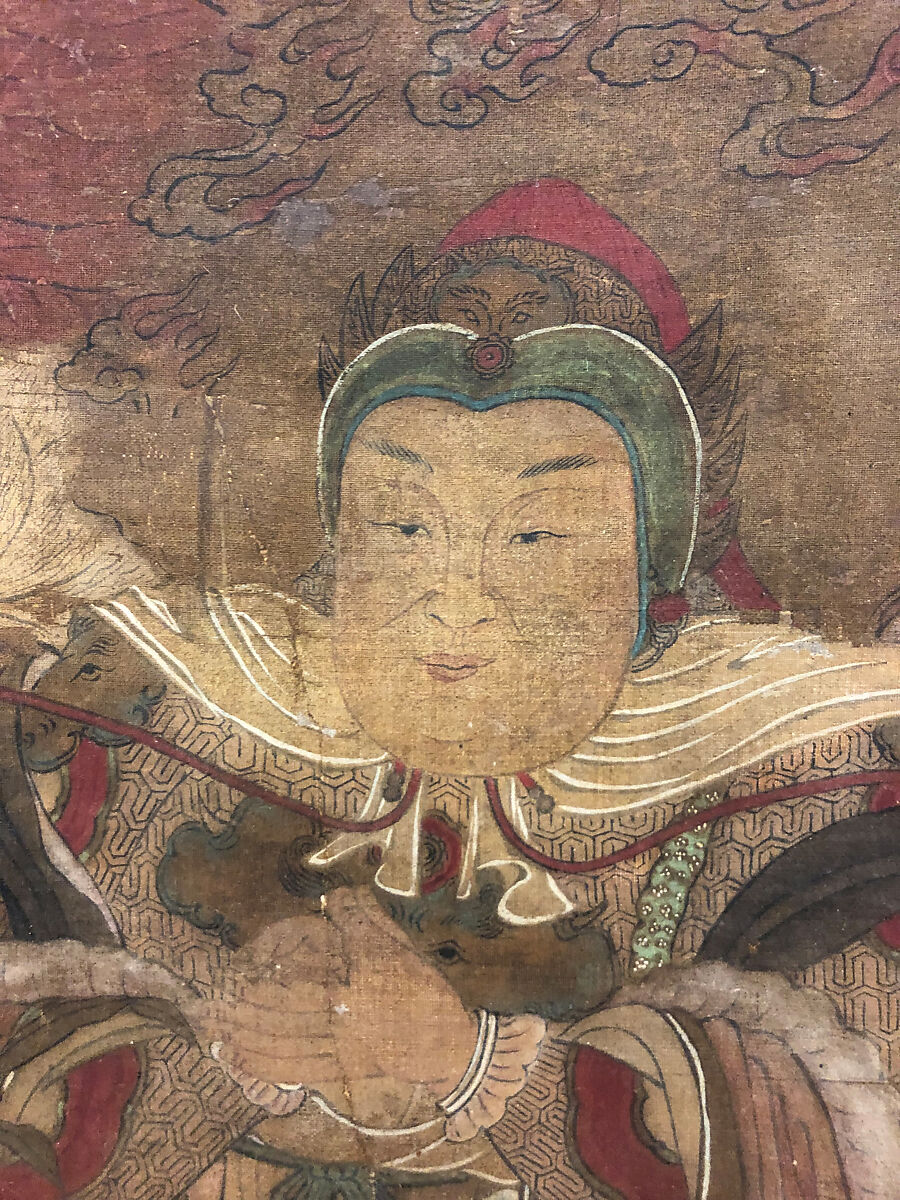 Shakyamuni with luohan, heavenly king, and boys, Unidentified artist, Hanging scroll; ink and color on silk, China