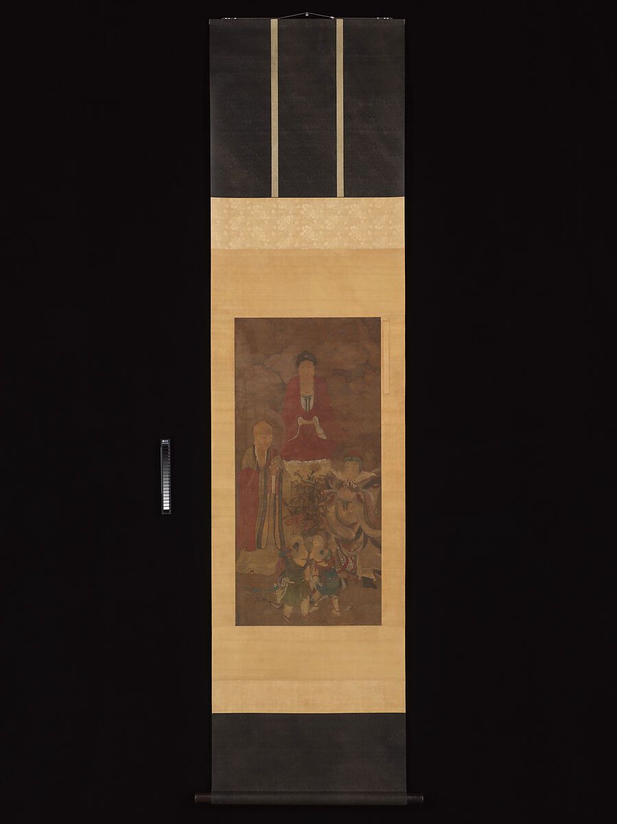 Shakyamuni with luohan, heavenly king, and boys, Unidentified artist, Hanging scroll; ink and color on silk, China