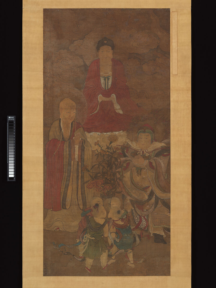 Shakyamuni with luohan, heavenly king, and boys, Unidentified artist, Hanging scroll; ink and color on silk, China 