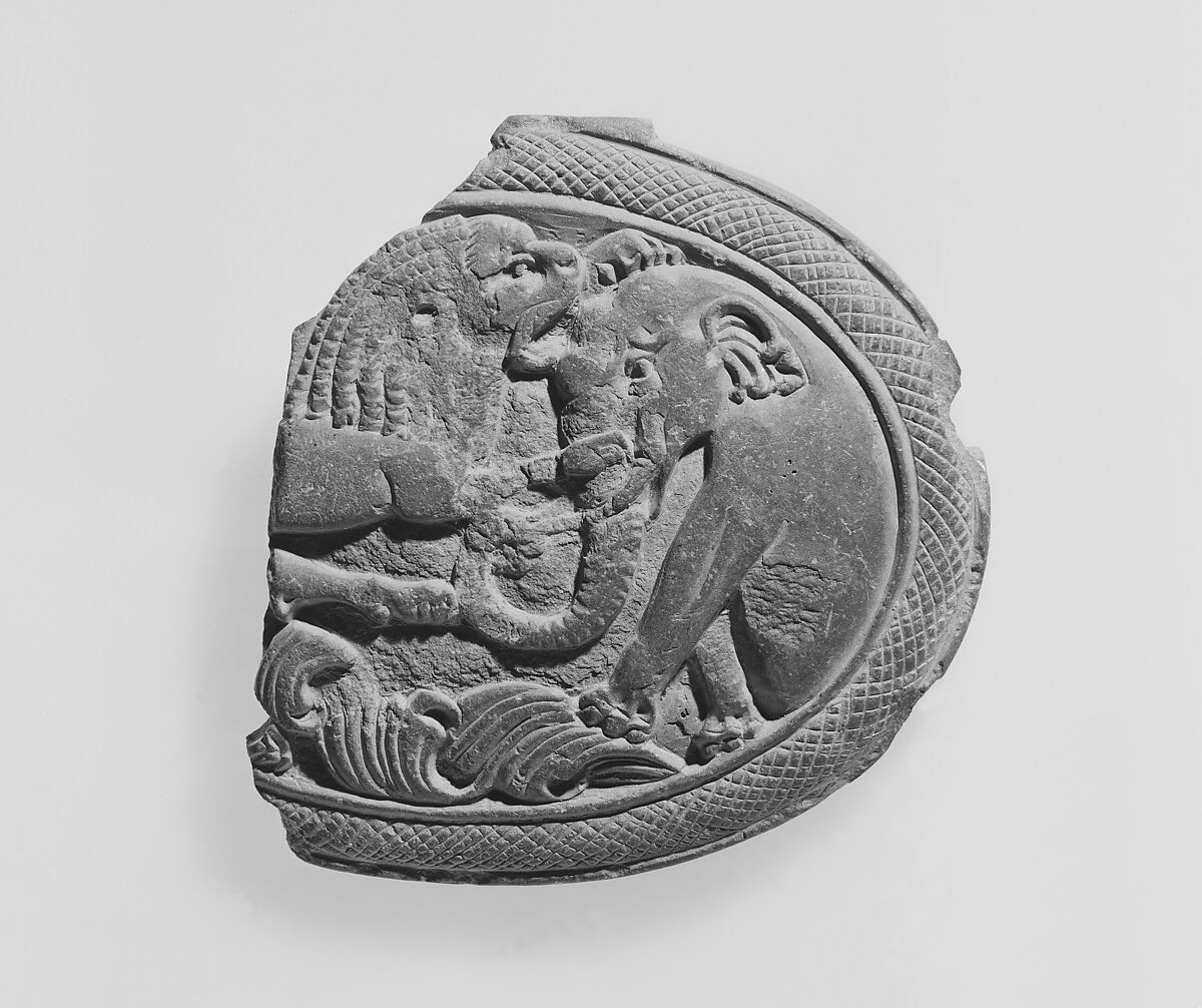 Box Lid with a Lion Attacking an Elephant, Schist, Pakistan (ancient region of Gandhara) 
