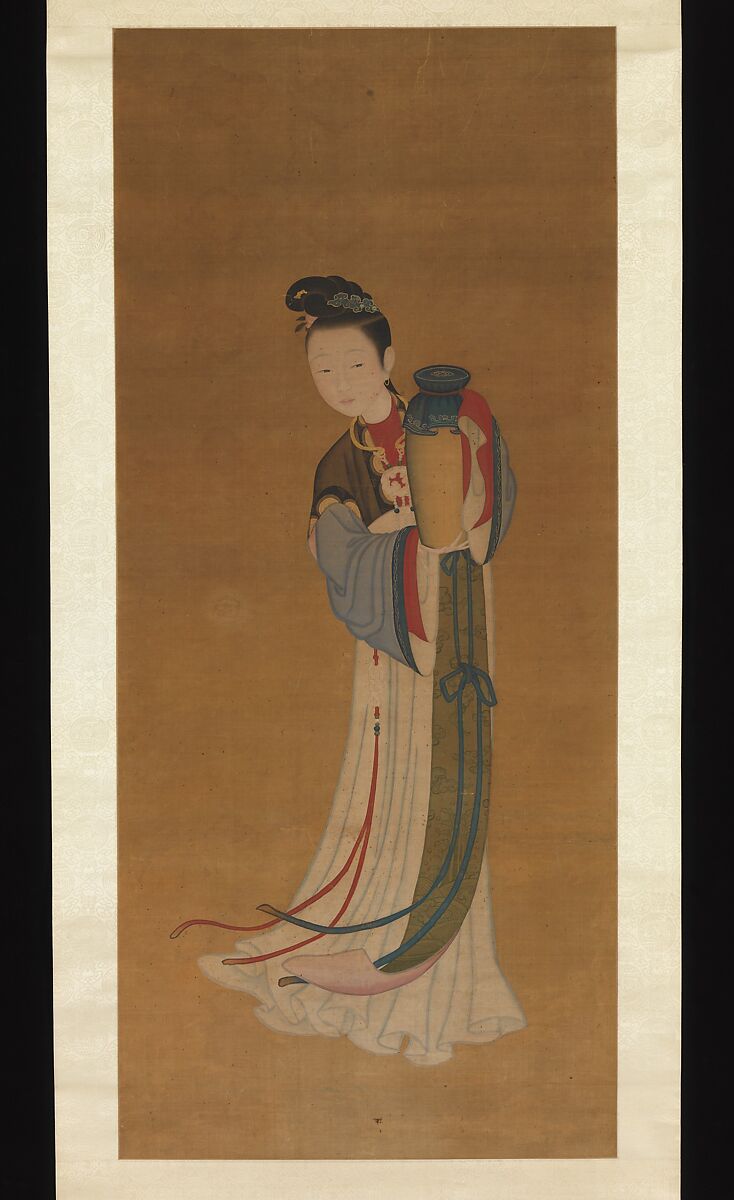 Girl Bringing Jar of Wine, Unidentified artist (Chinese, 18th century or later), Hanging scroll; ink and color on silk, China 