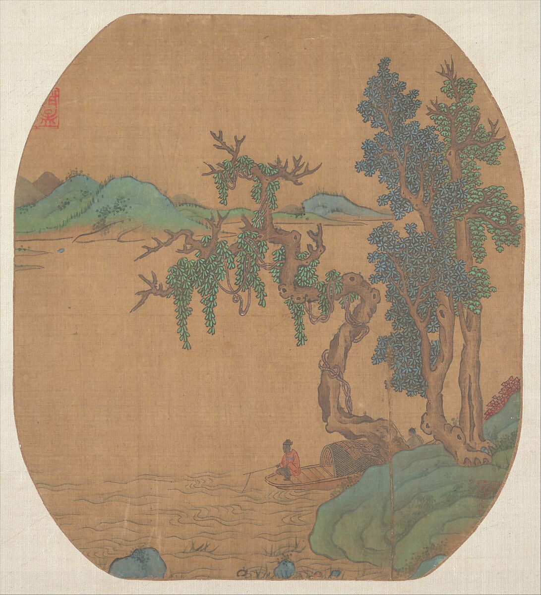 Landscape, Unidentified artist, Fan mounted as an album leaf; ink and color on silk, China 