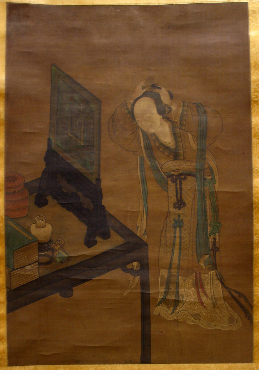 At the Dressing Table, Unidentified artist, Hanging scroll; ink and color on silk, China 