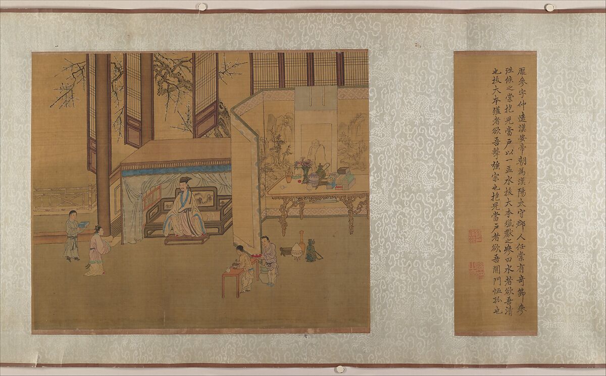 Family Training, Unidentified artist, Ten panels mounted as a handscroll; ink and color on silk, China