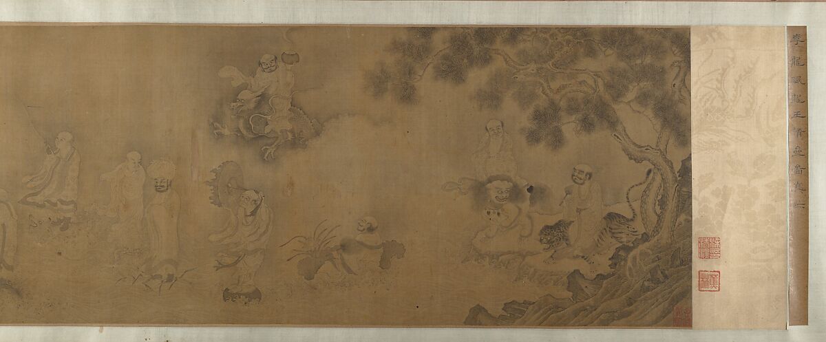 Buddhist luohans crossing the sea to the palace of the dragon king, Unidentified artist  , fake signature of Li Gonglin (ca. 1041–1106), Handscroll; ink on silk, China