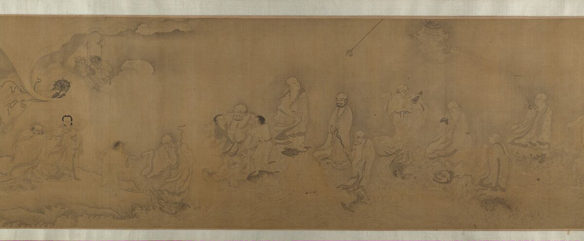 Buddhist luohans crossing the sea to the palace of the dragon king, Unidentified artist  , fake signature of Li Gonglin (ca. 1041–1106), Handscroll; ink on silk, China