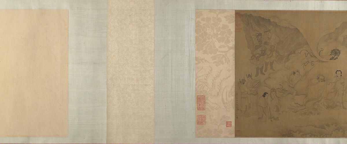 Buddhist luohans crossing the sea to the palace of the dragon king, Unidentified artist  , fake signature of Li Gonglin (ca. 1041–1106), Handscroll; ink on silk, China
