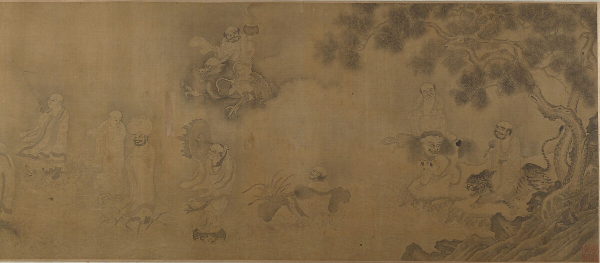 Buddhist luohans crossing the sea to the palace of the dragon king, Unidentified artist  , fake signature of Li Gonglin (ca. 1041–1106), Handscroll; ink on silk, China 