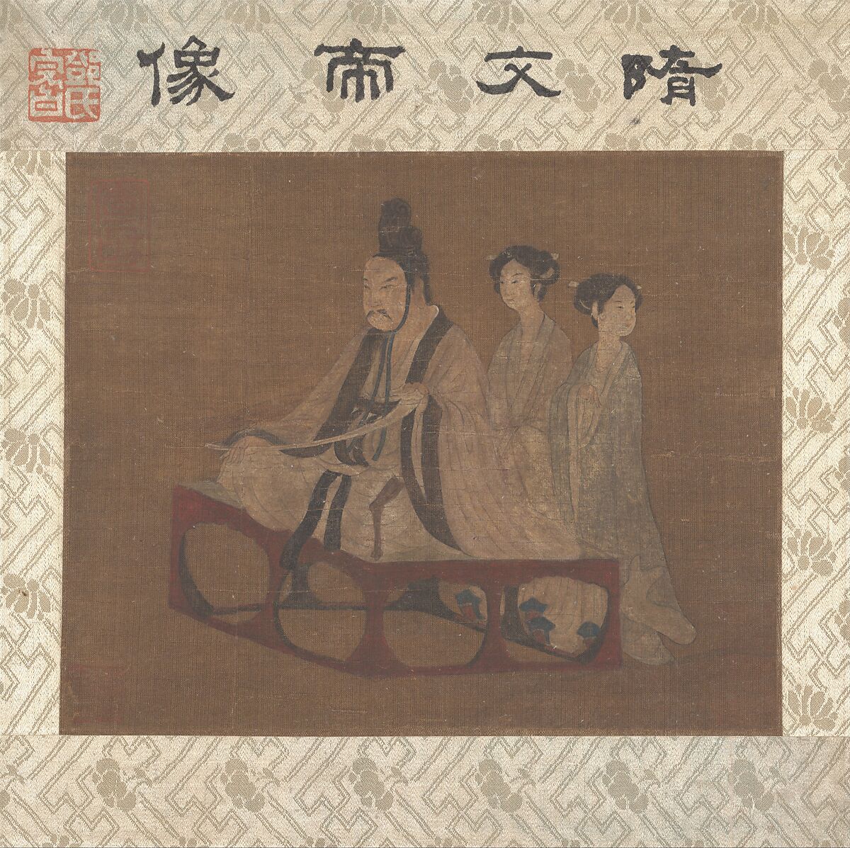 An Emperor with Two Ladies, Unidentified artist, Album leaf; ink and color on silk, China 