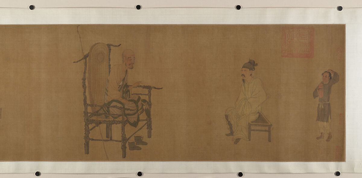 Xiao Yi Obtaining the Lanting Manuscript from the Monk Biancai, Unidentified artist, Handscroll; ink and color on silk, China 