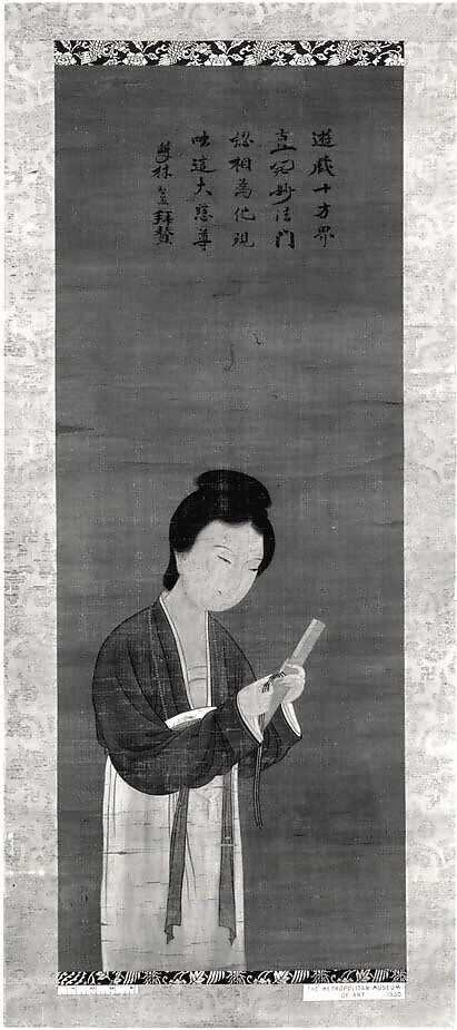 Lady with Scroll, Unidentified artist, Hanging scroll; color on silk, China 
