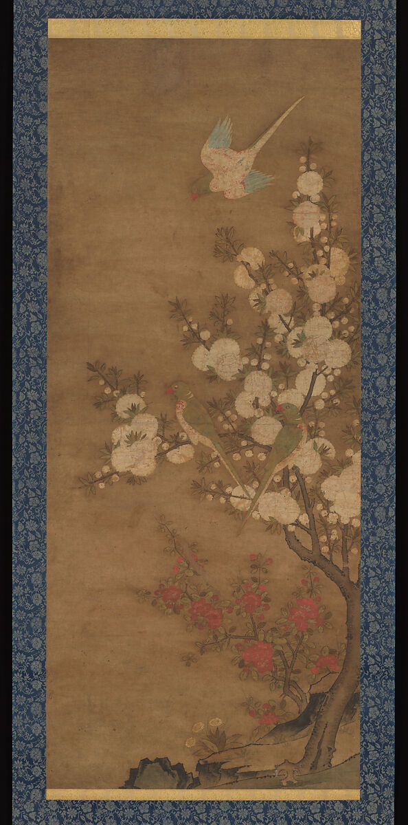 Parrots in Flowering Tree, Unidentified artist, Hanging scroll; ink and color on paper, China 