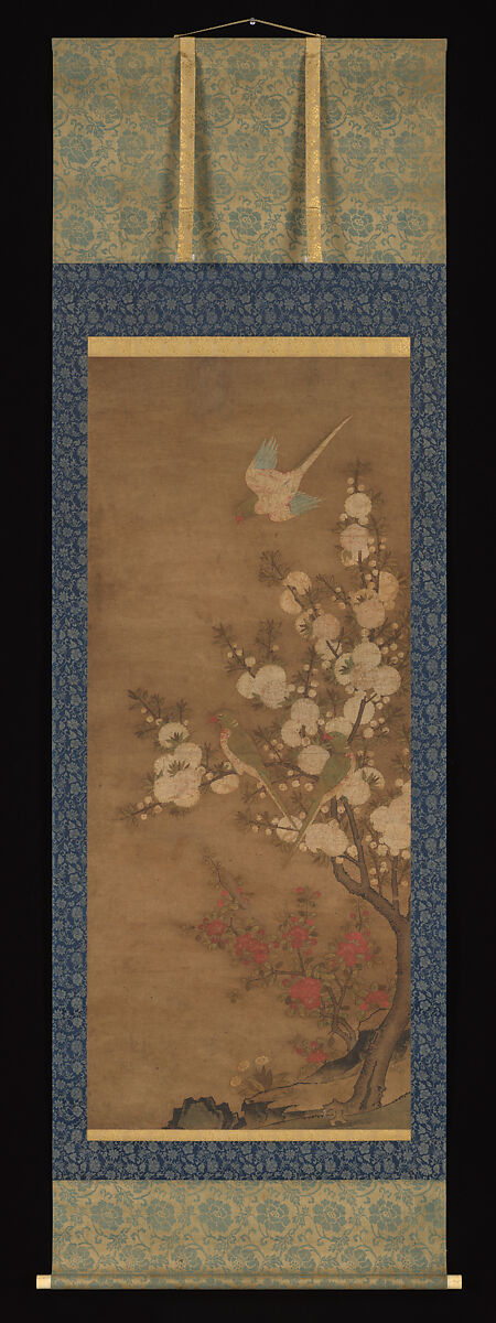 Parrots in Flowering Tree, Unidentified artist, Hanging scroll; ink and color on paper, China