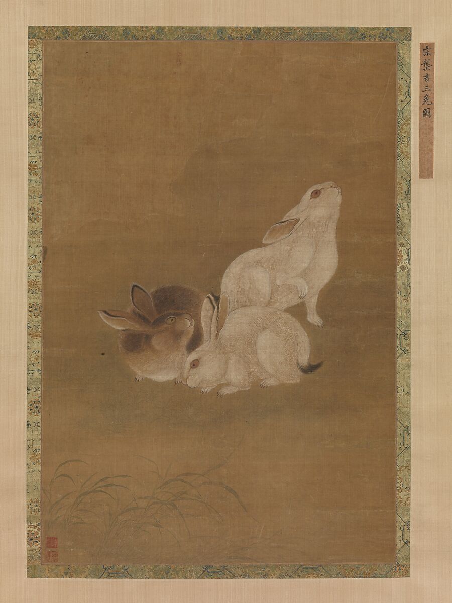 Three Rabbits, Unidentified artist, Hanging scroll; ink and color on silk, China 