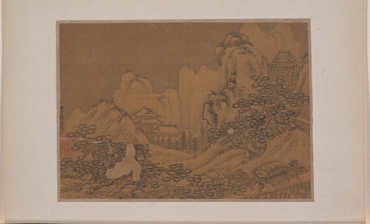 Landscape with Ox Carts on a Road, Li Xiying, Miniature from album of eleven paintings; ink and color on silk, China 