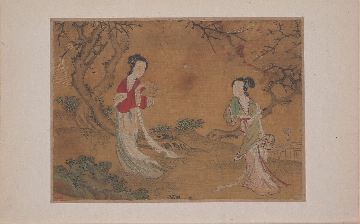 Two Ladies in Foreground of Landscape, Unidentified artist, Miniature from album of eleven paintings; ink and color on silk, China 