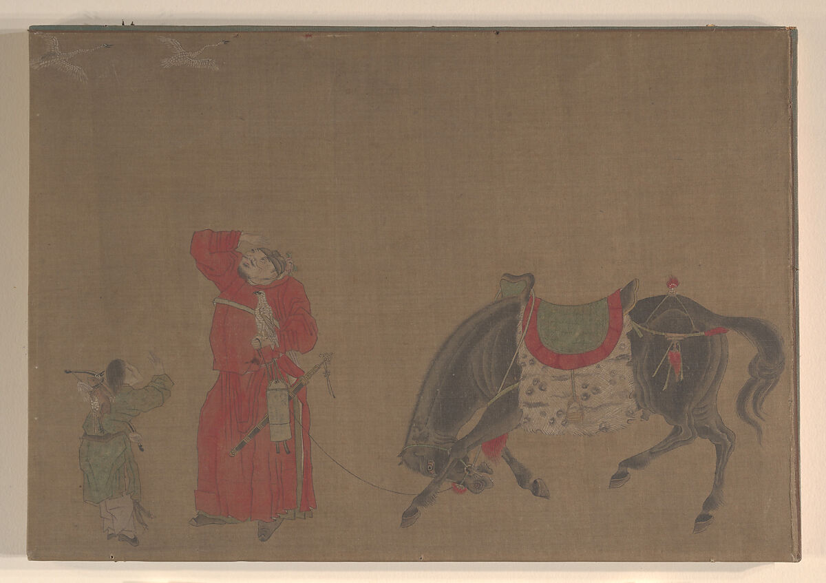 Hunter and Wild Geese, Unidentified artist, Album leaf; ink and color on silk, China 