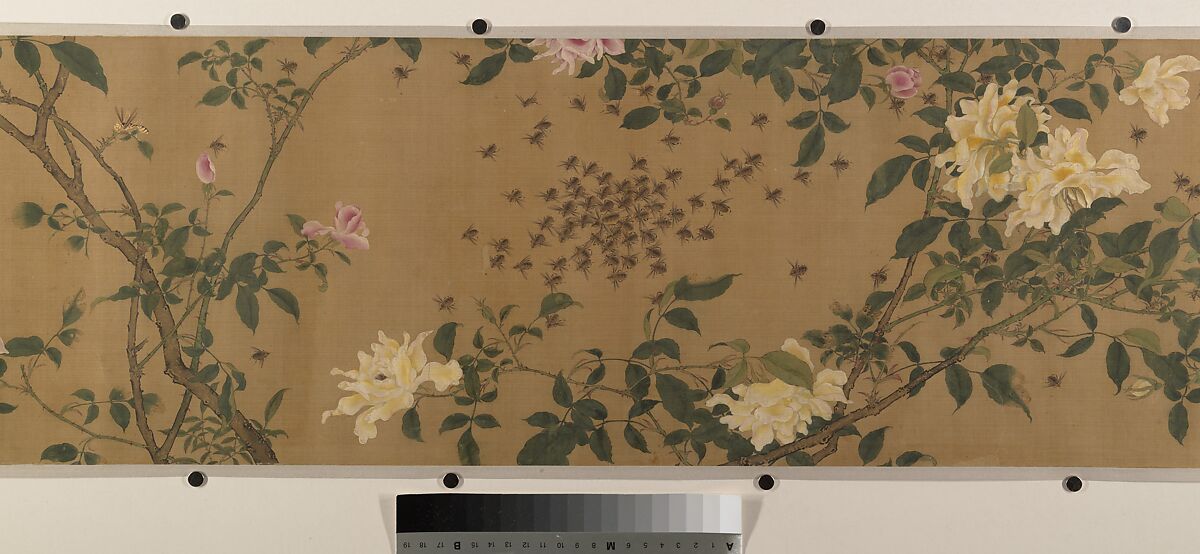 Yellow Roses and Bees, Pink Roses and Wasps, Unidentified artist, Handscroll; ink and color on silk, China