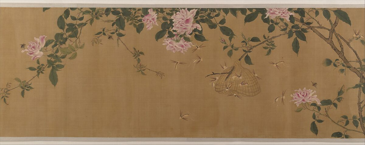 Yellow Roses and Bees, Pink Roses and Wasps, Unidentified artist, Handscroll; ink and color on silk, China