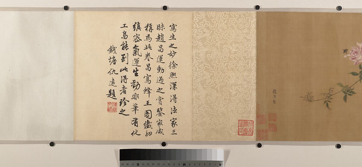 Yellow Roses and Bees, Pink Roses and Wasps, Unidentified artist, Handscroll; ink and color on silk, China
